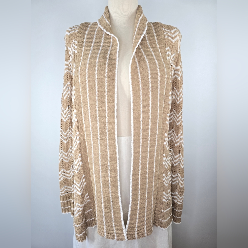 Maxsport Textured Knit Open Front Cardigan XL Neutral Khaki/White Sweater NWT